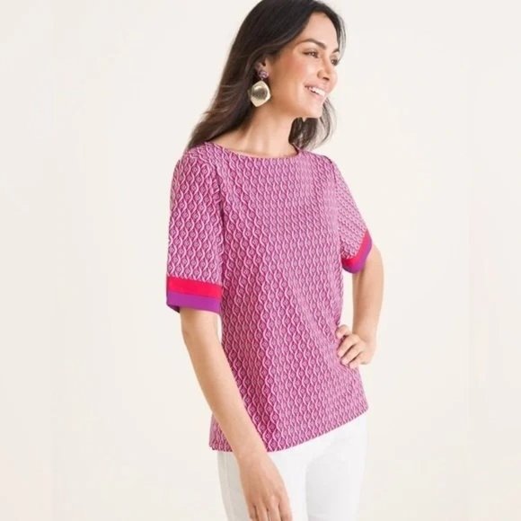 Chico's Geometric Color Block Short Sleeve Pink and Purple Blouse Size Medium - Picture 1 of 10